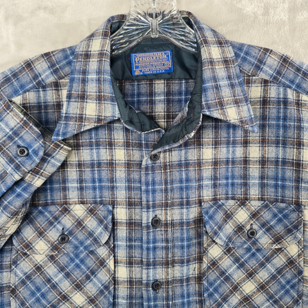 Vintage Pendleton Flannel Shirt Mens Medium Blue Plaid Wool Long Sleeve USA